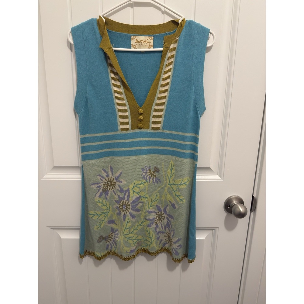 Lia Molly New‎ Orleans Sleeveless V Neck Knit Sweater Tunic Top Blue Floral M